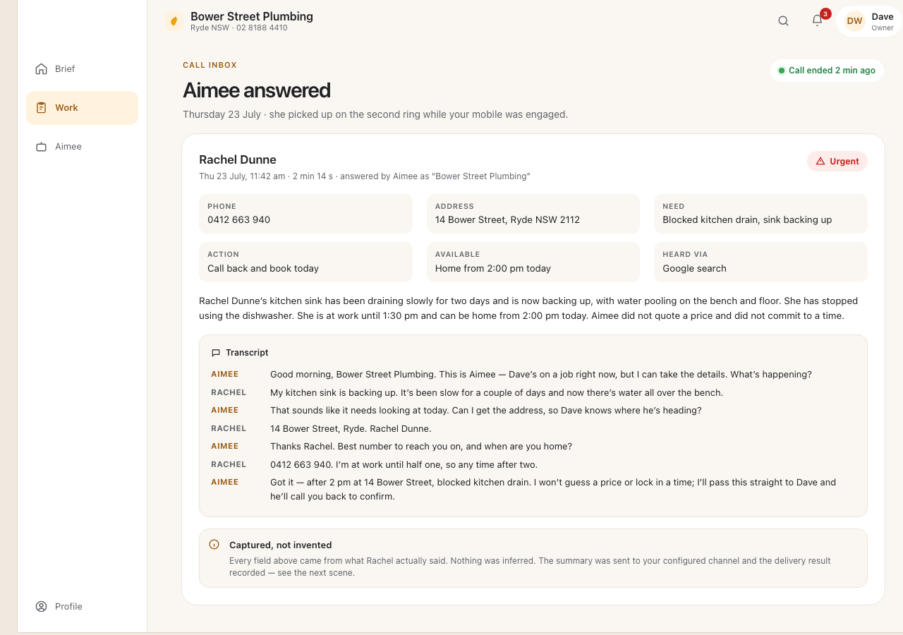 Live Aimee call screen showing a conversation and captured customer enquiry.