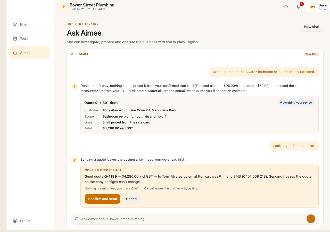 Ask Aimee console showing a plain-language operational request and the proposed action.