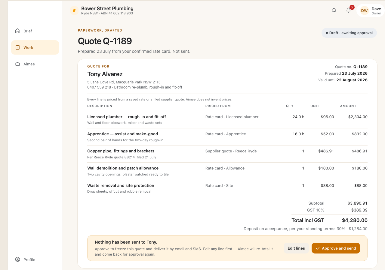 Quote screen with line items, source information, customer details and approval controls.